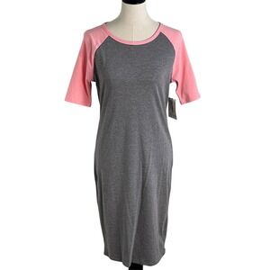 NWT LuLaRoe Julia Dress M Grey Pink Good Raglan Sleeve Knee Length Sheath